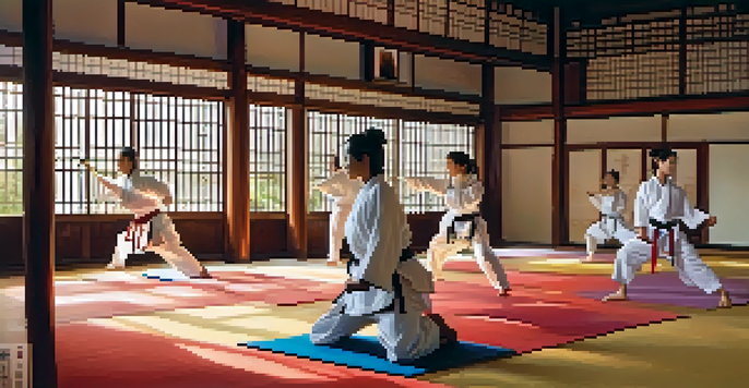 A group of diverse female martial artists practicing in a dojo, highlighting various martial arts styles in a bright and serene environment.