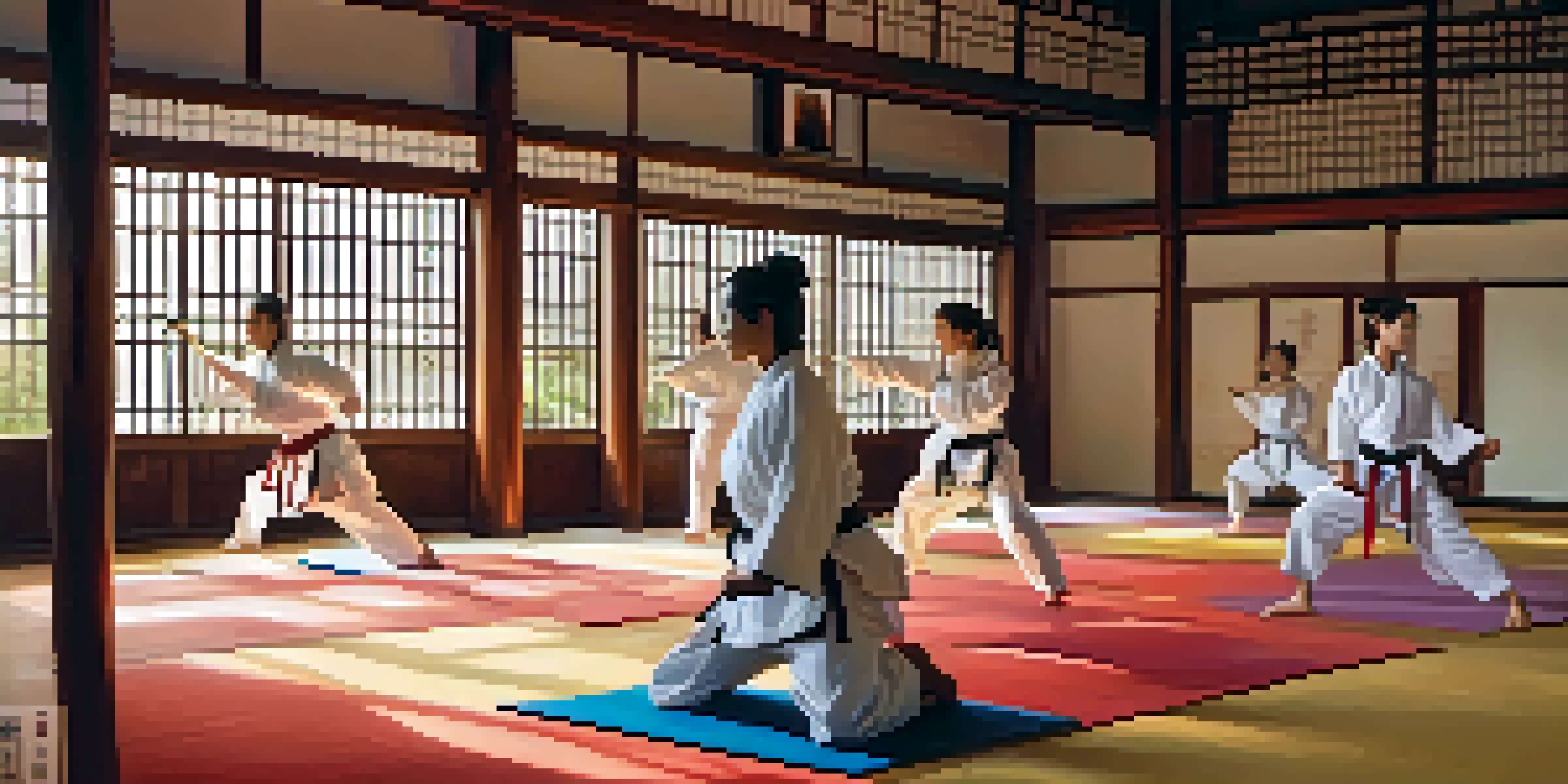 A group of diverse female martial artists practicing in a dojo, highlighting various martial arts styles in a bright and serene environment.