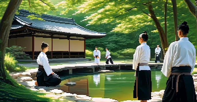 An outdoor dojo with practitioners in Aikido uniforms, surrounded by trees and a stream, illuminated by warm sunlight.