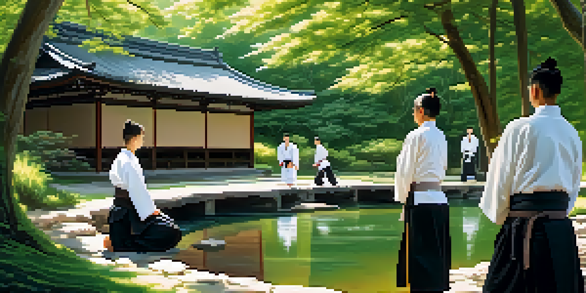 An outdoor dojo with practitioners in Aikido uniforms, surrounded by trees and a stream, illuminated by warm sunlight.