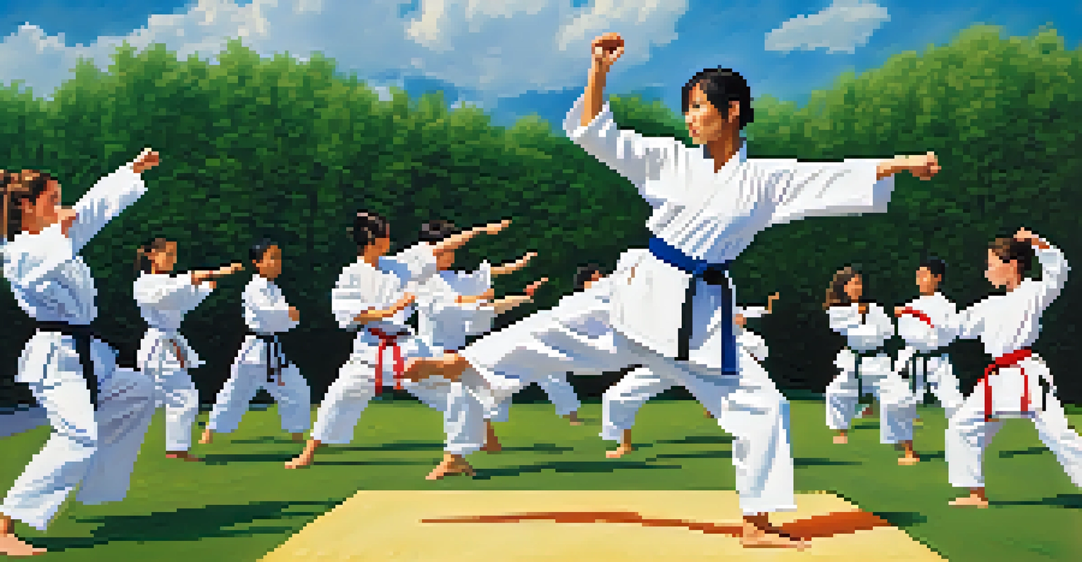 Participants of all ages practicing karate outdoors under a clear blue sky.