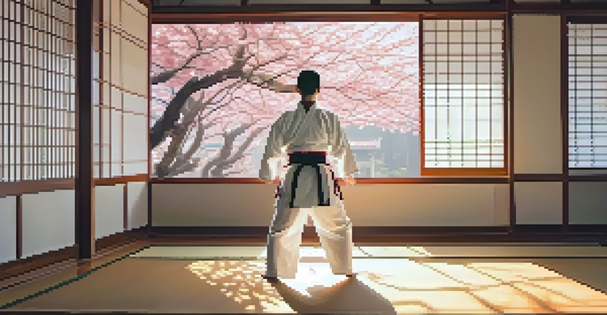 A peaceful martial arts dojo with a practitioner in white gi performing Tai Chi, surrounded by cherry blossoms and warm morning light.