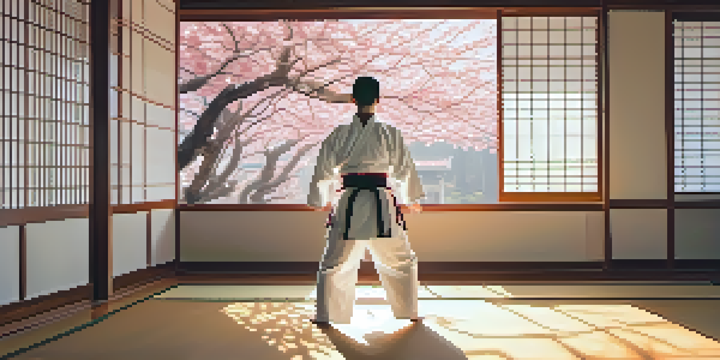 A peaceful martial arts dojo with a practitioner in white gi performing Tai Chi, surrounded by cherry blossoms and warm morning light.