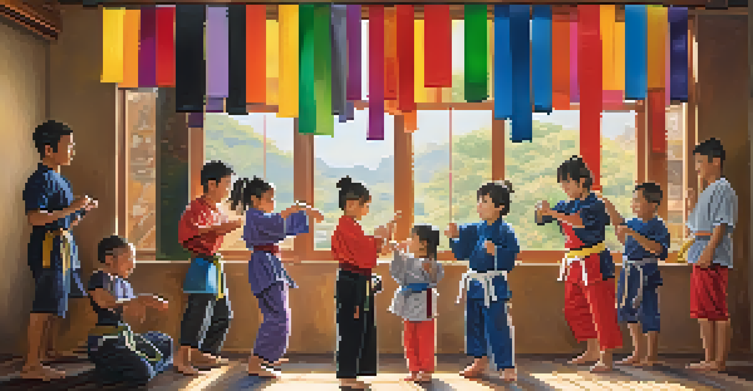 A family joyfully celebrating a martial arts achievement, holding a new belt with colorful belts hanging on the wall in a well-lit room.