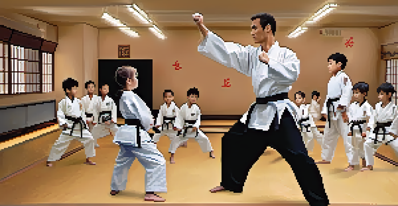 A martial arts instructor demonstrating a high kick to a group of children in a dojo, with motivational quotes on the walls.