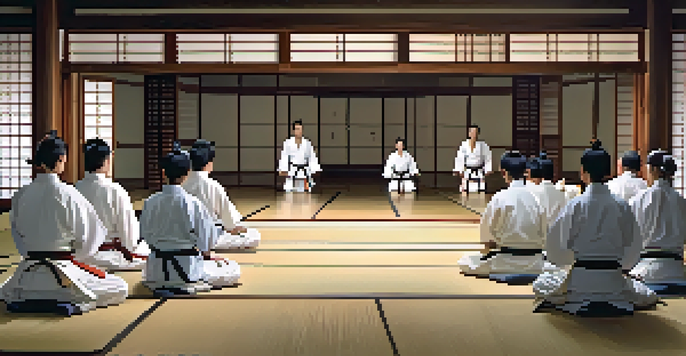 A traditional martial arts tournament in a dojo, with competitors performing katas in white uniforms and an audience watching respectfully.