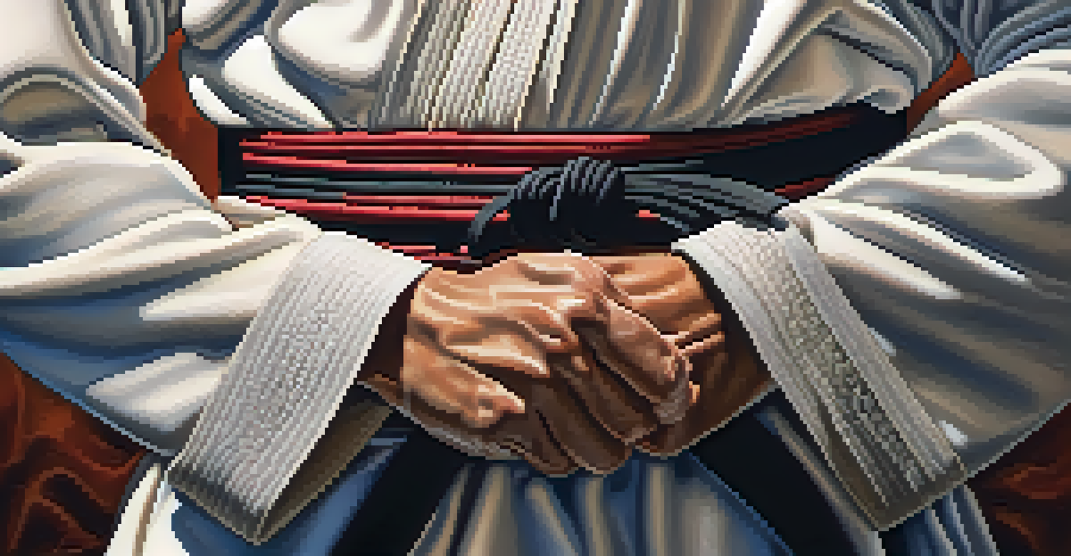 A close-up of a martial artist's hands gripping a dojo belt, emphasizing texture and dedication in martial arts.