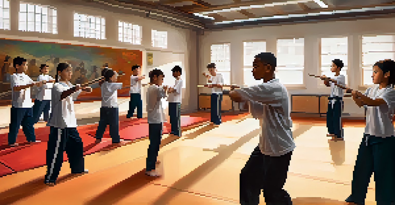An instructor demonstrating martial arts techniques to a group of engaged young students in a supportive training environment.