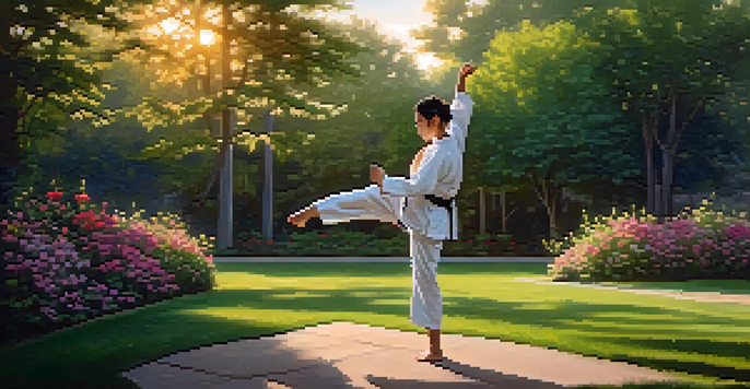 A person practicing martial arts in a park during sunset, with trees and flowers around them.