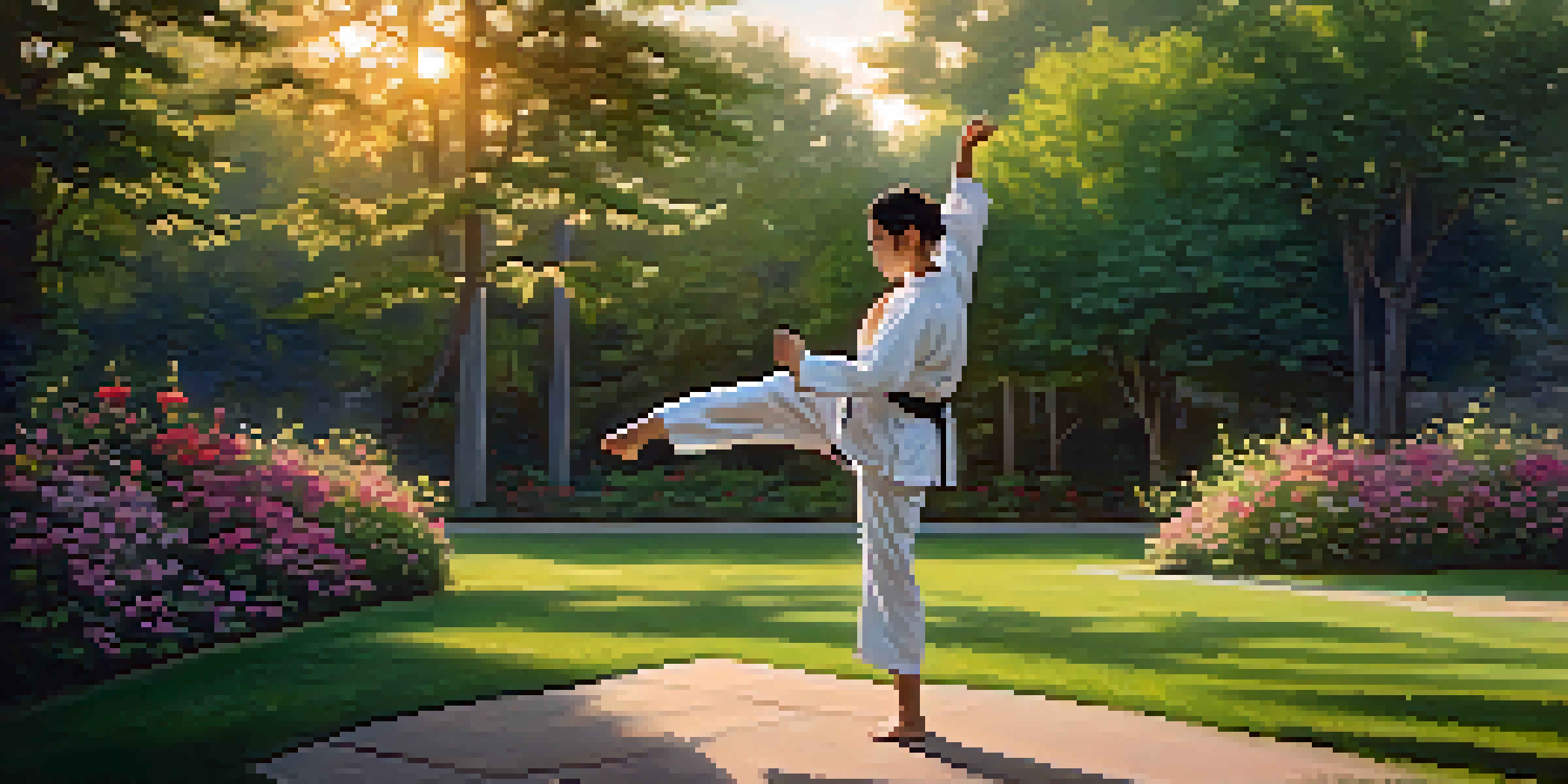 A person practicing martial arts in a park during sunset, with trees and flowers around them.