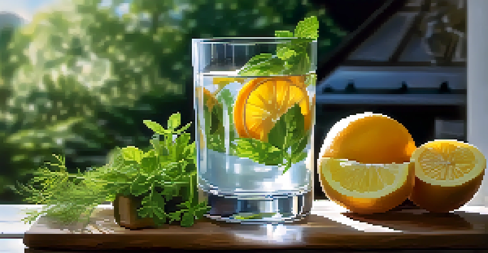A refreshing glass of water infused with fruits and herbs on a wooden table.
