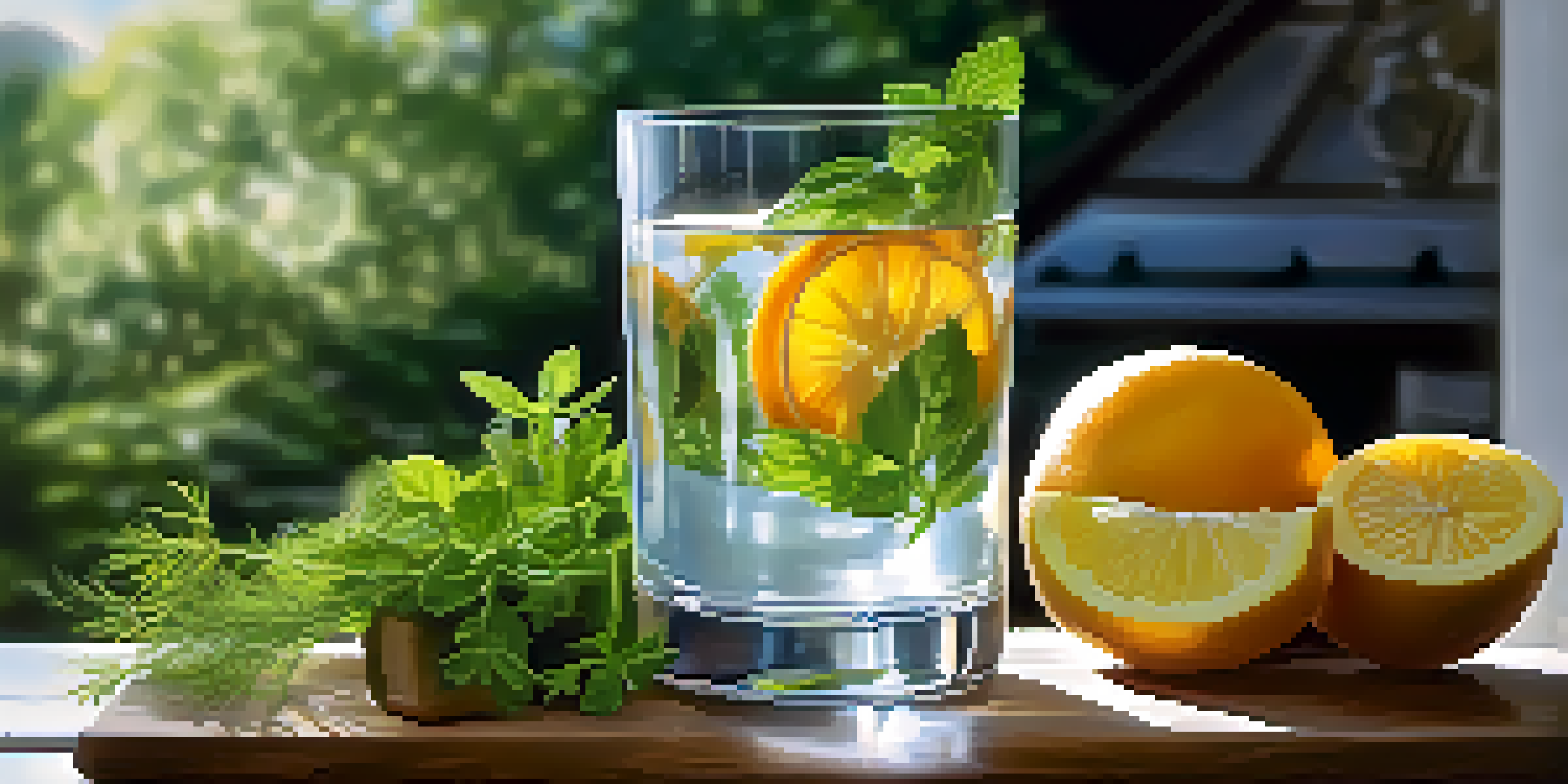 A refreshing glass of water infused with fruits and herbs on a wooden table.