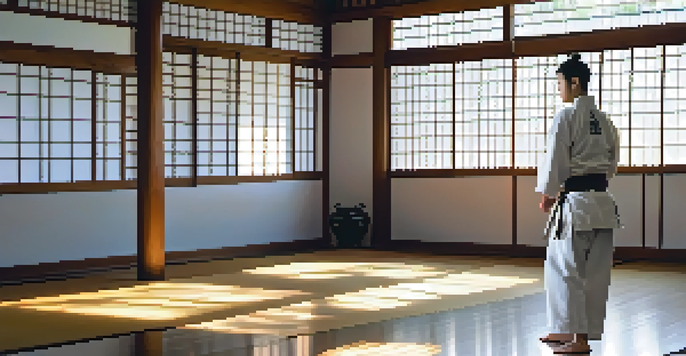 A martial arts dojo with a student practicing kata in the morning light, showcasing a peaceful environment.