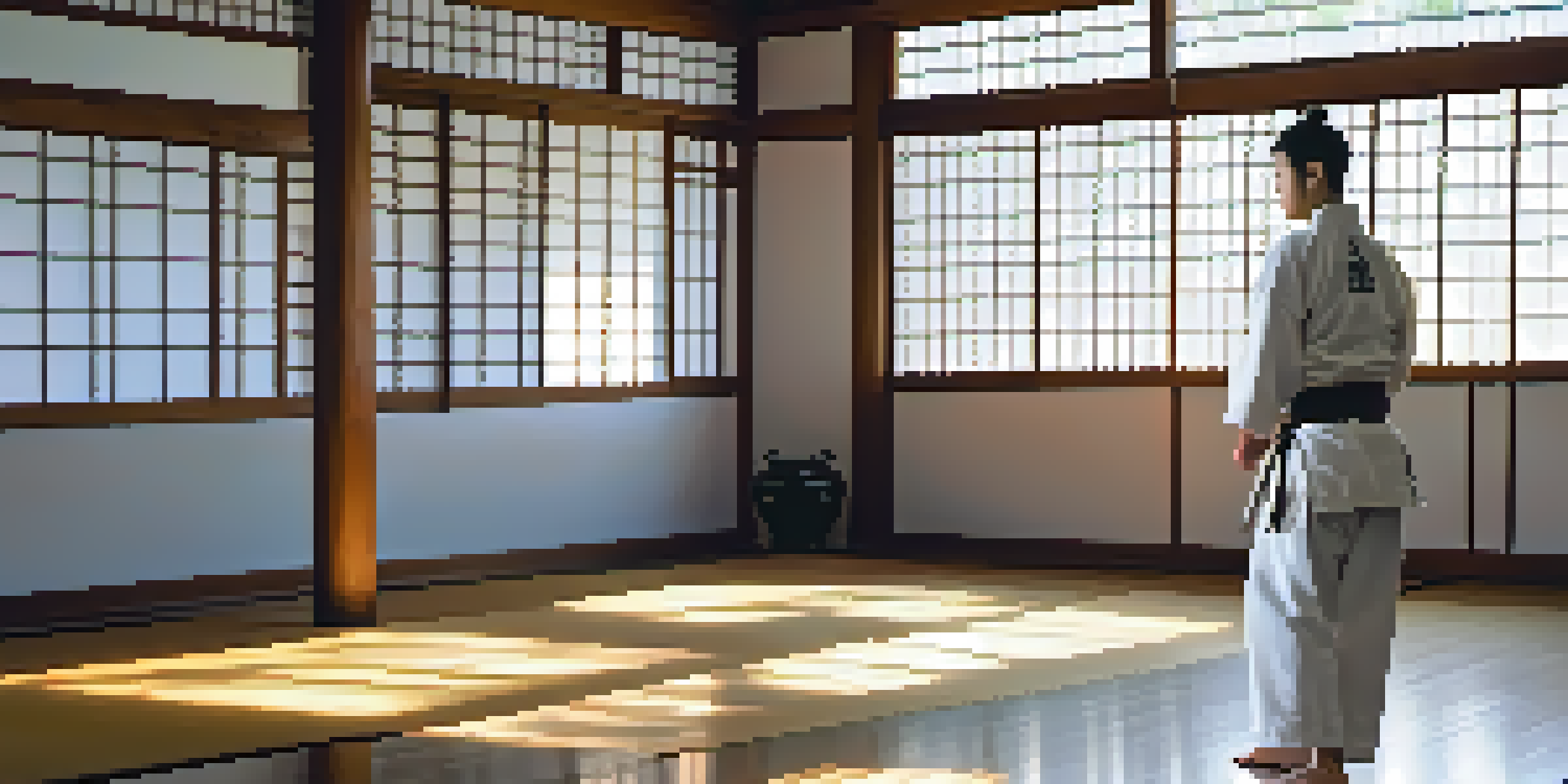 A martial arts dojo with a student practicing kata in the morning light, showcasing a peaceful environment.
