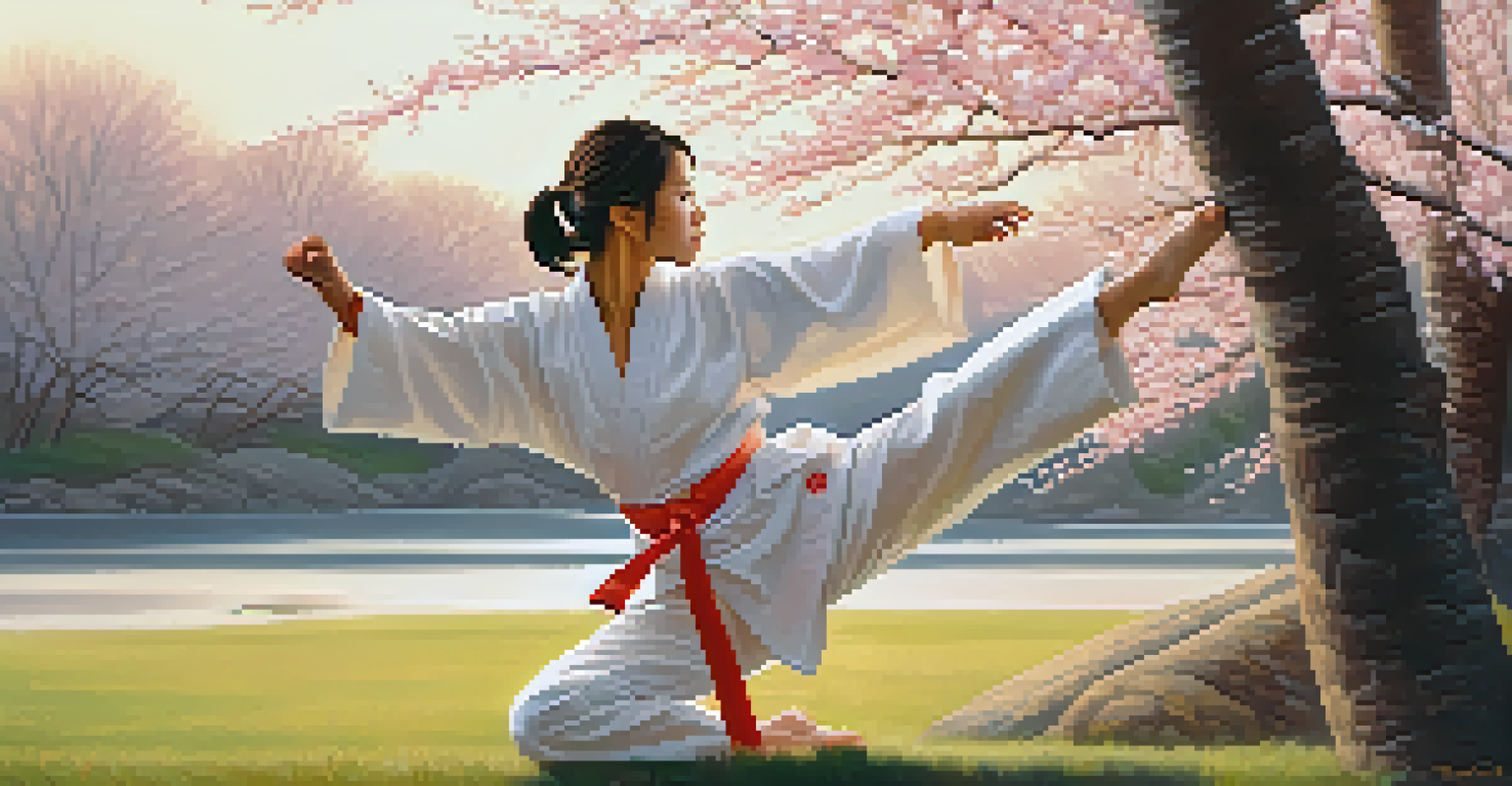 A female martial artist performing a kata in a beautiful outdoor setting surrounded by cherry blossom trees during sunset.