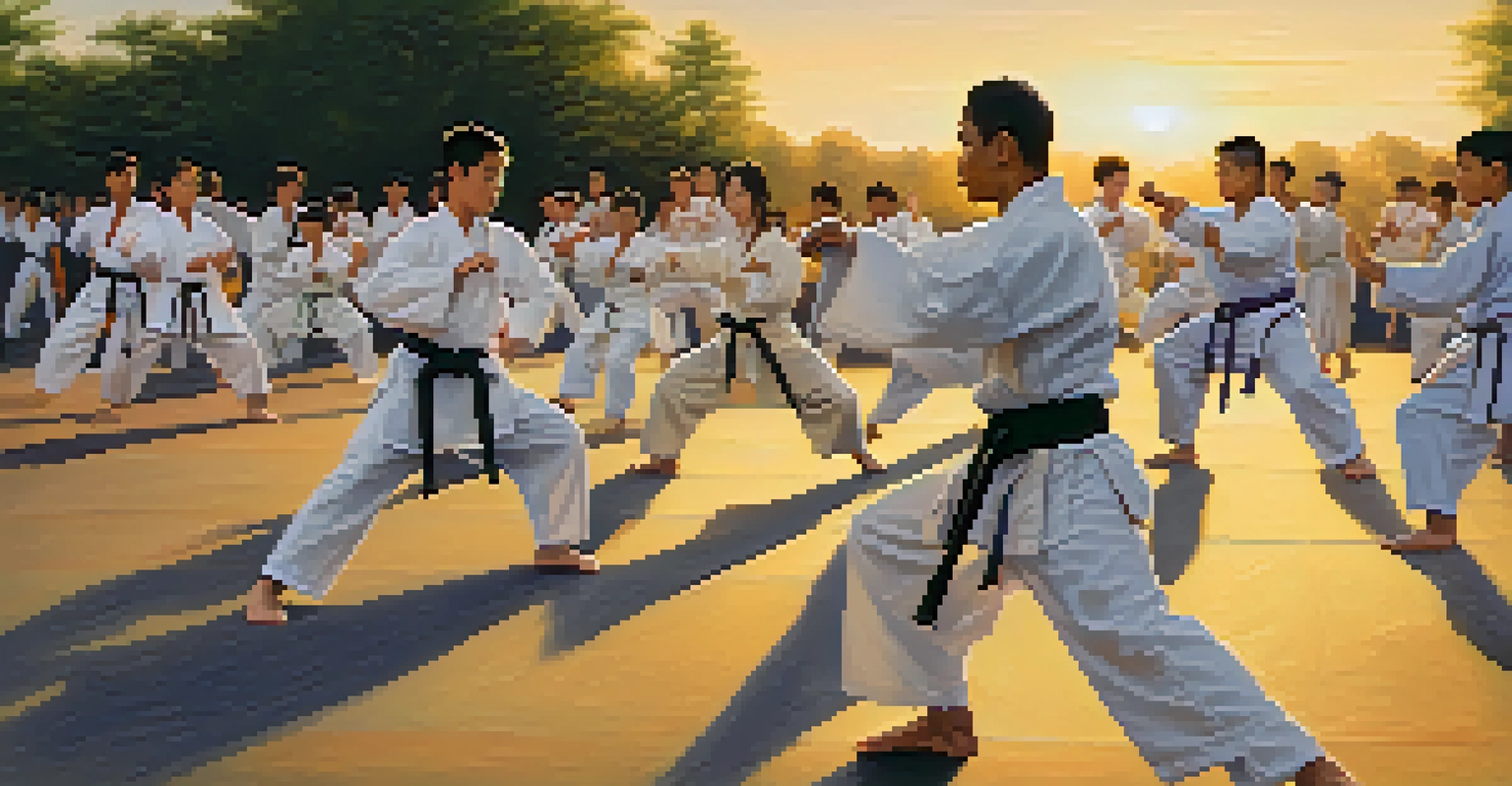 A group of martial arts students training outdoors during sunset, demonstrating various techniques.