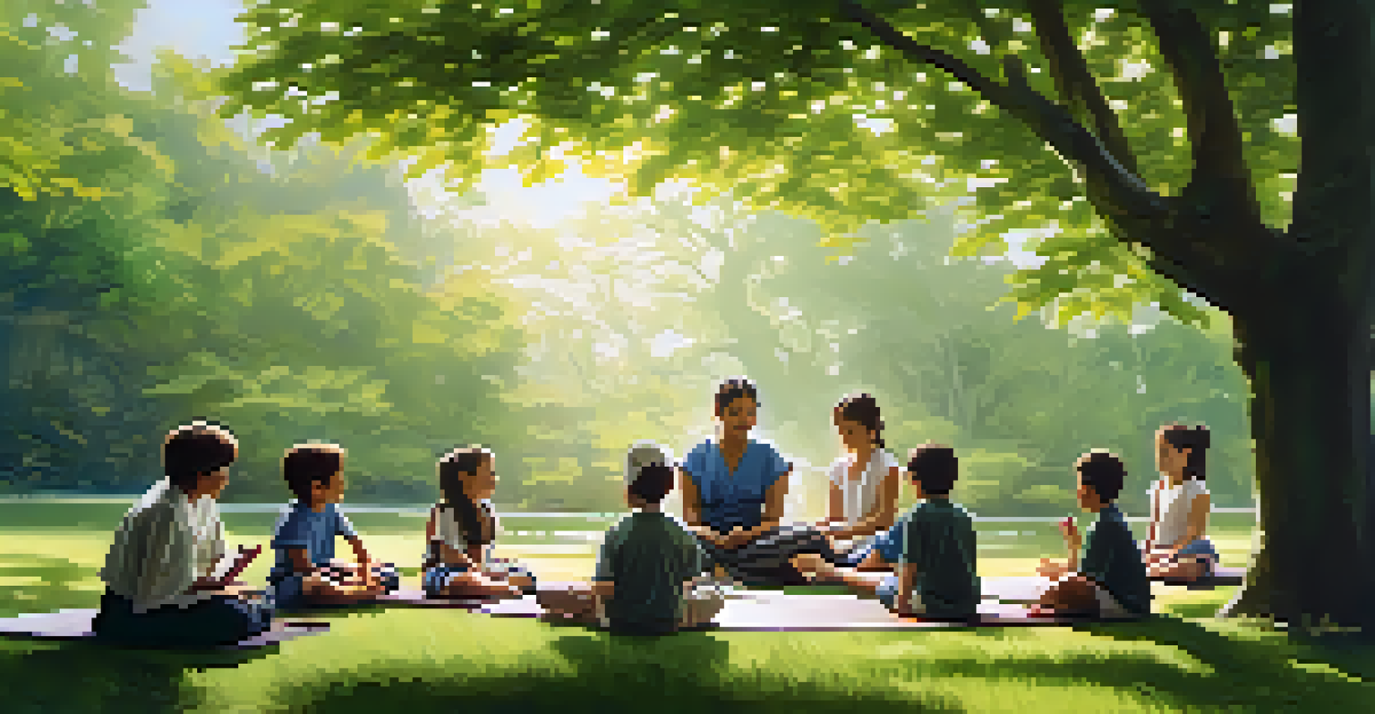 A martial arts instructor guiding children in mindfulness exercises in a tranquil park with greenery around.