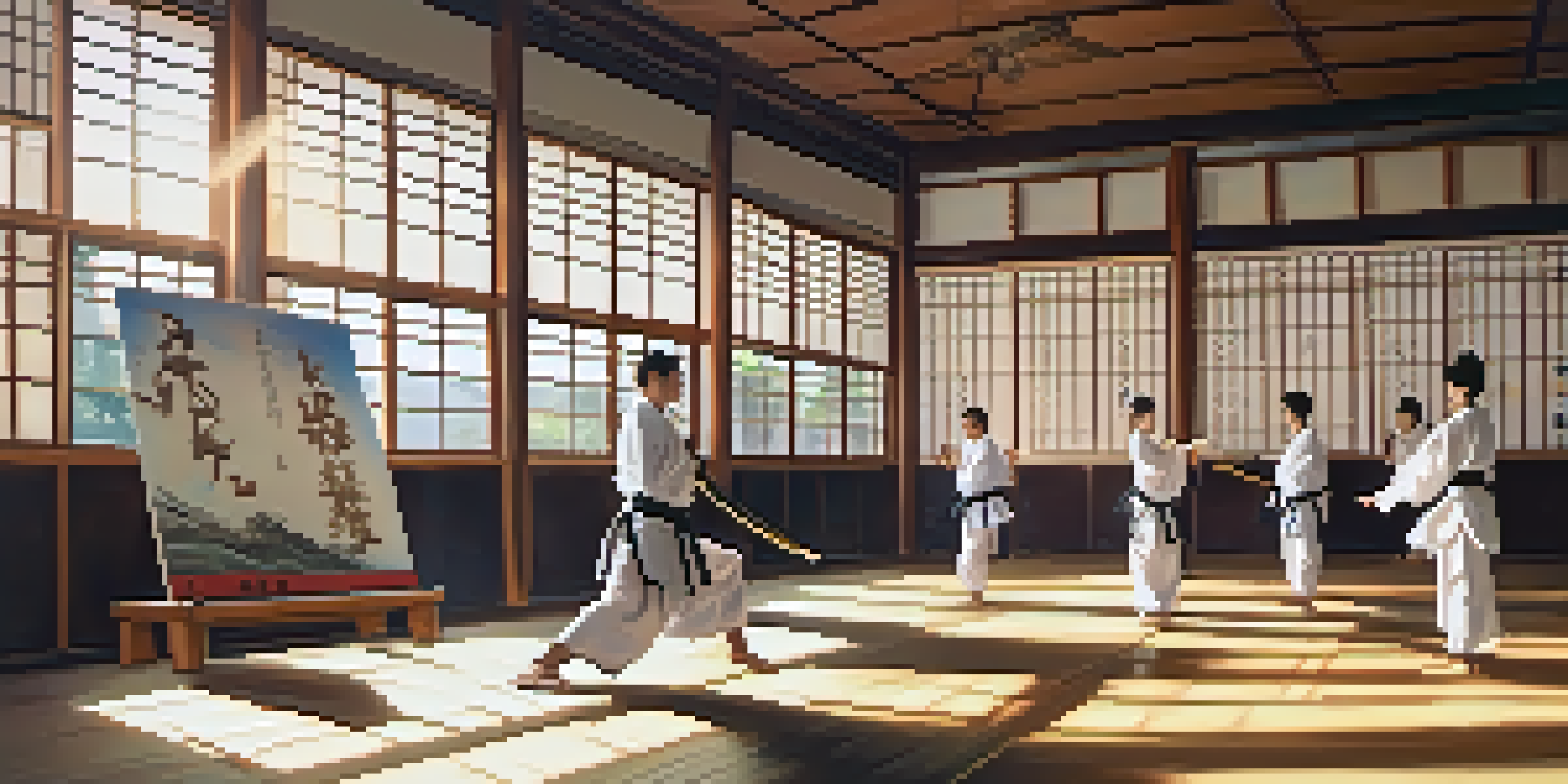A dojo filled with students practicing martial arts in a sunlit environment, surrounded by cultural decorations.