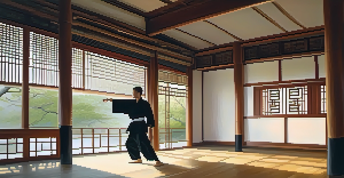 A peaceful martial arts dojo with a practitioner performing Tai Chi, surrounded by bamboo and traditional decor.