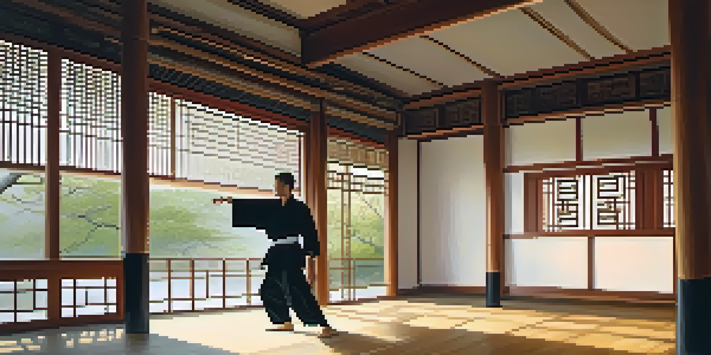 A peaceful martial arts dojo with a practitioner performing Tai Chi, surrounded by bamboo and traditional decor.