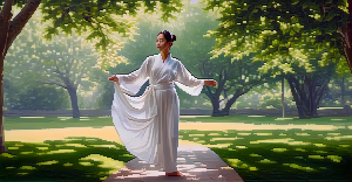 A person practicing Tai Chi in a peaceful park with trees and soft morning light.