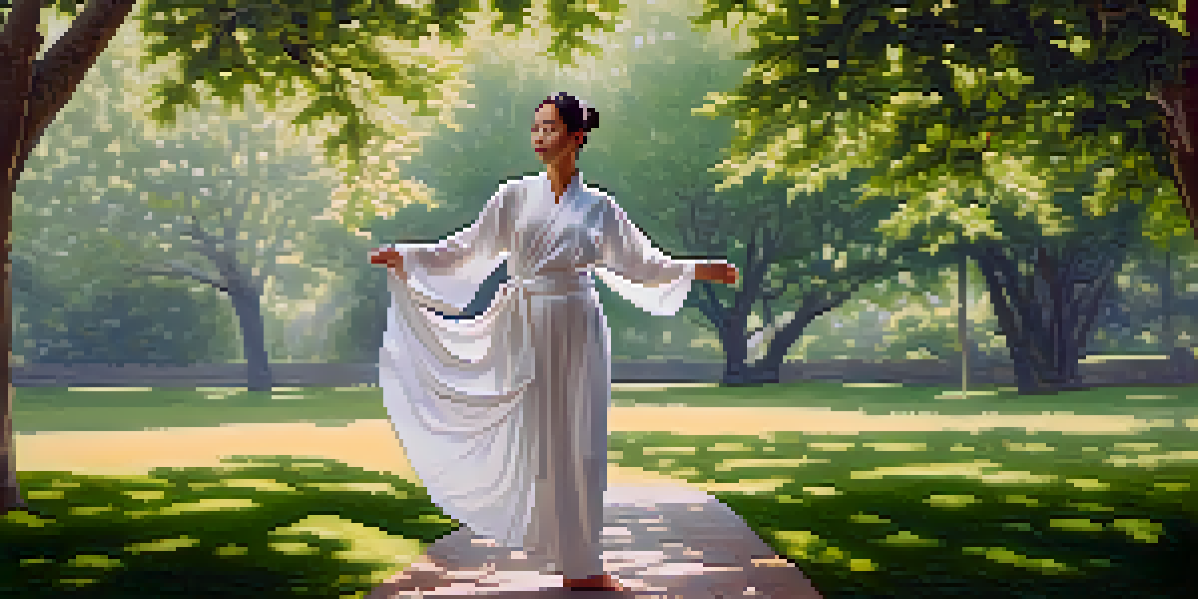 A person practicing Tai Chi in a peaceful park with trees and soft morning light.