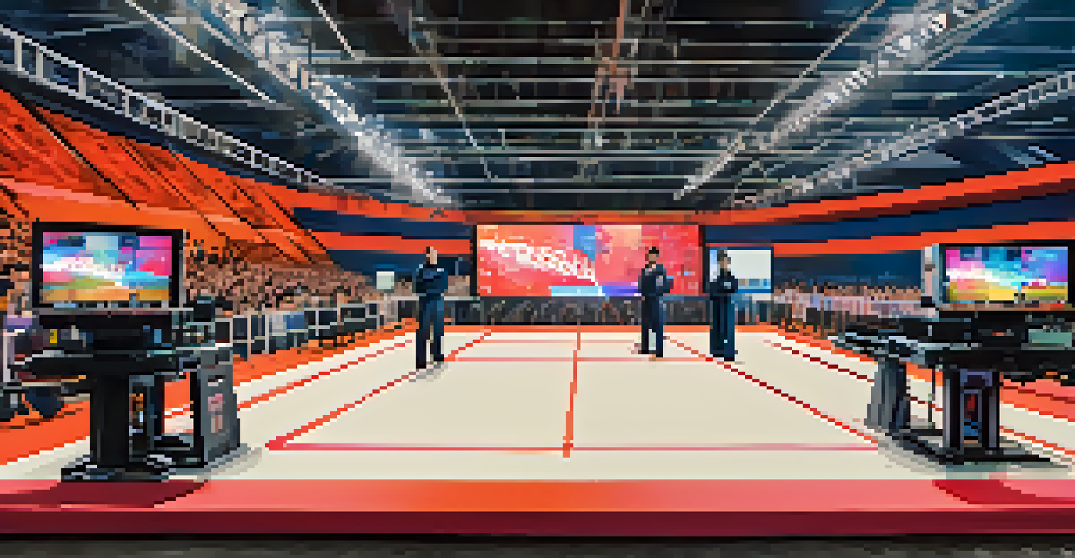 A high-tech martial arts event with electronic scoring devices and video screens displaying athletes in action.