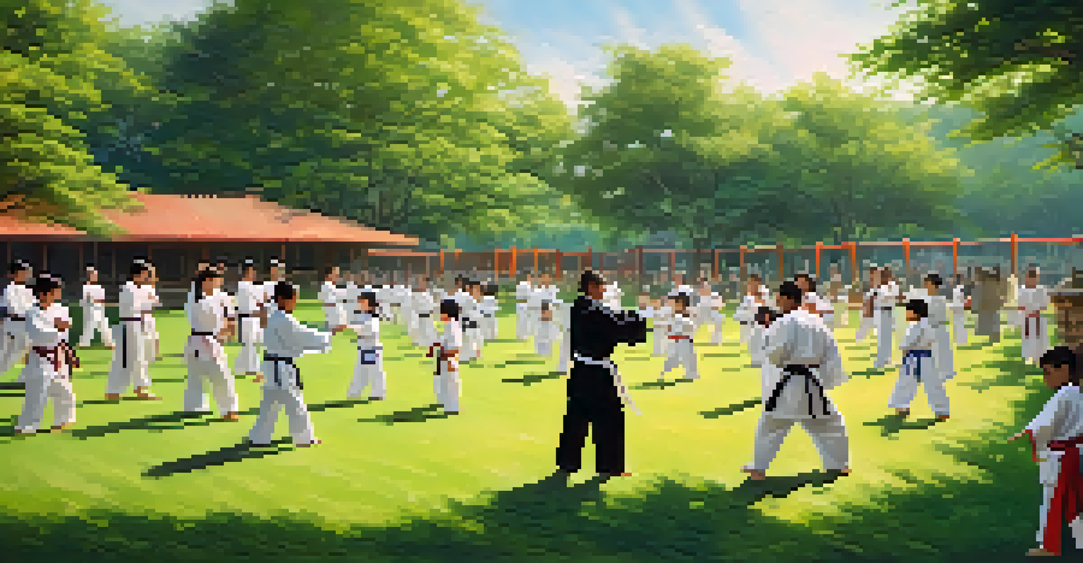 Children in colorful martial arts uniforms practicing sparring in a sunny park, led by an instructor.