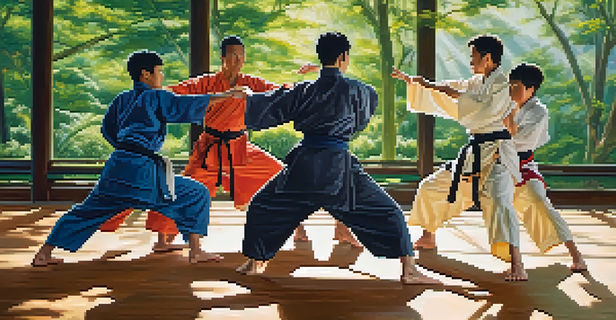 A diverse group of martial artists practicing in an outdoor dojo, showcasing different techniques in colorful traditional uniforms under the sunlight.