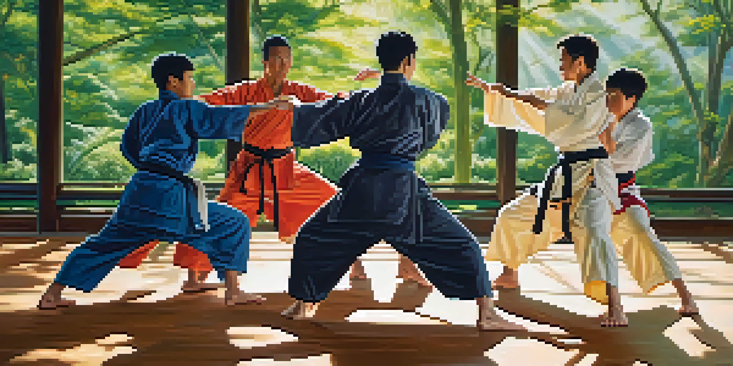 A diverse group of martial artists practicing in an outdoor dojo, showcasing different techniques in colorful traditional uniforms under the sunlight.