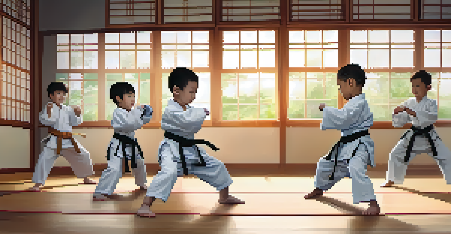 Children in a dojo engaging in sparring sessions, showcasing teamwork and focus in a lively environment.