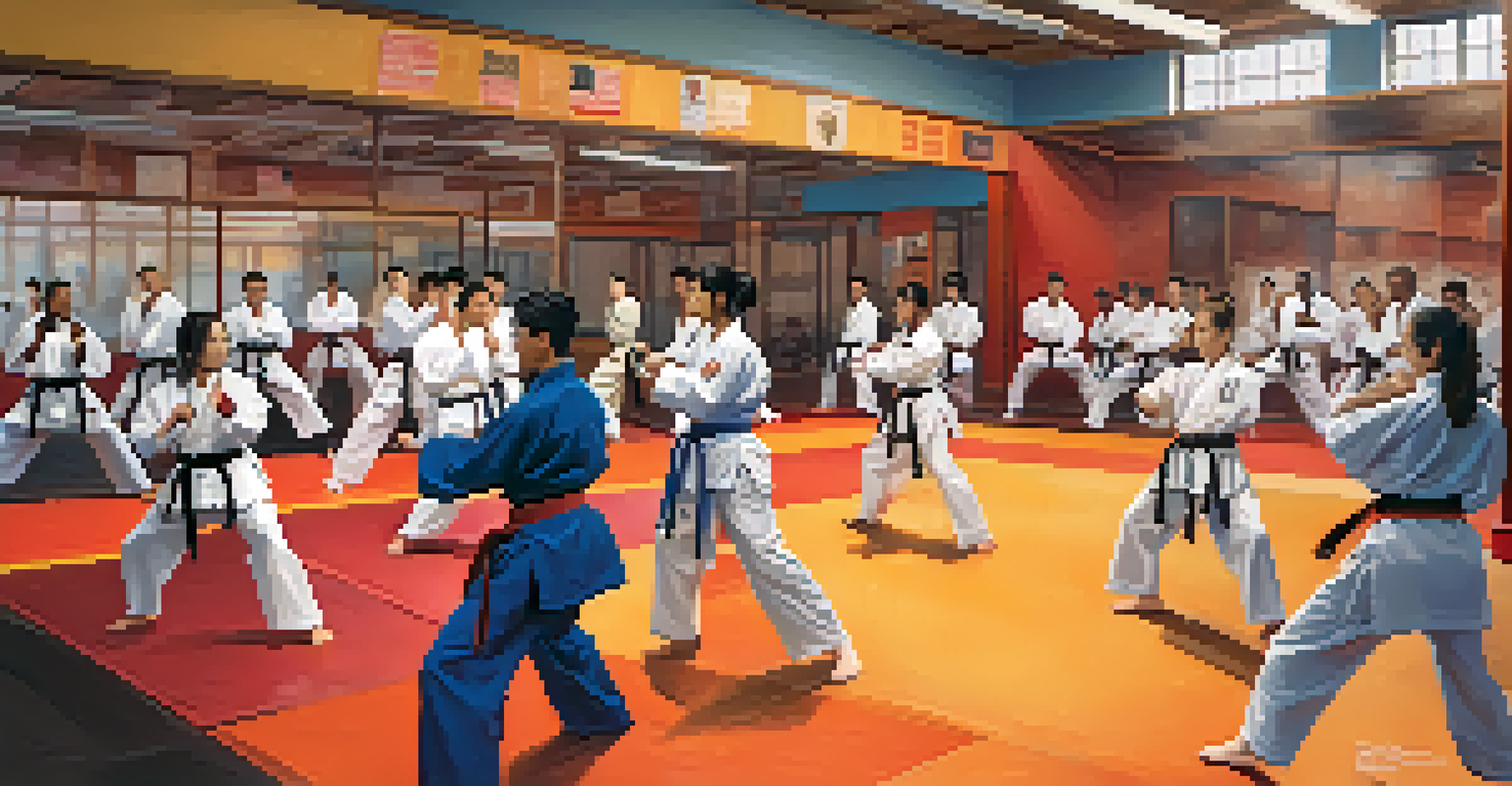 A group of martial arts students sparring in a gym, showcasing their determination and camaraderie.
