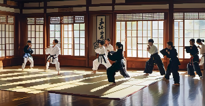 A vibrant martial arts class in a dojo with diverse practitioners practicing various techniques, sunlight filtering through the windows.