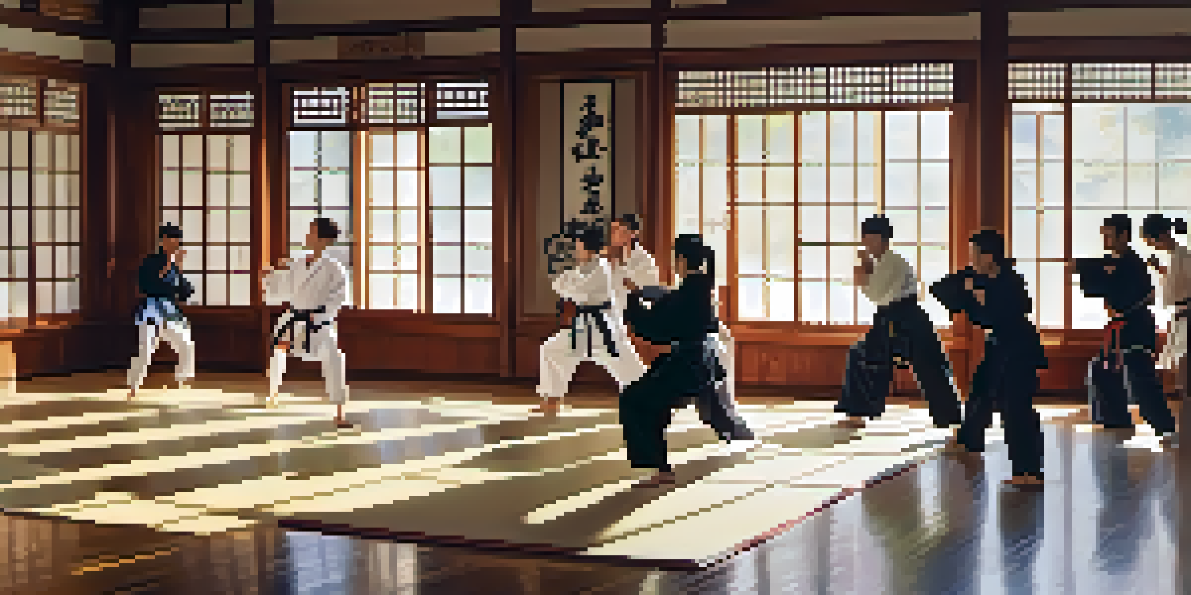 A vibrant martial arts class in a dojo with diverse practitioners practicing various techniques, sunlight filtering through the windows.