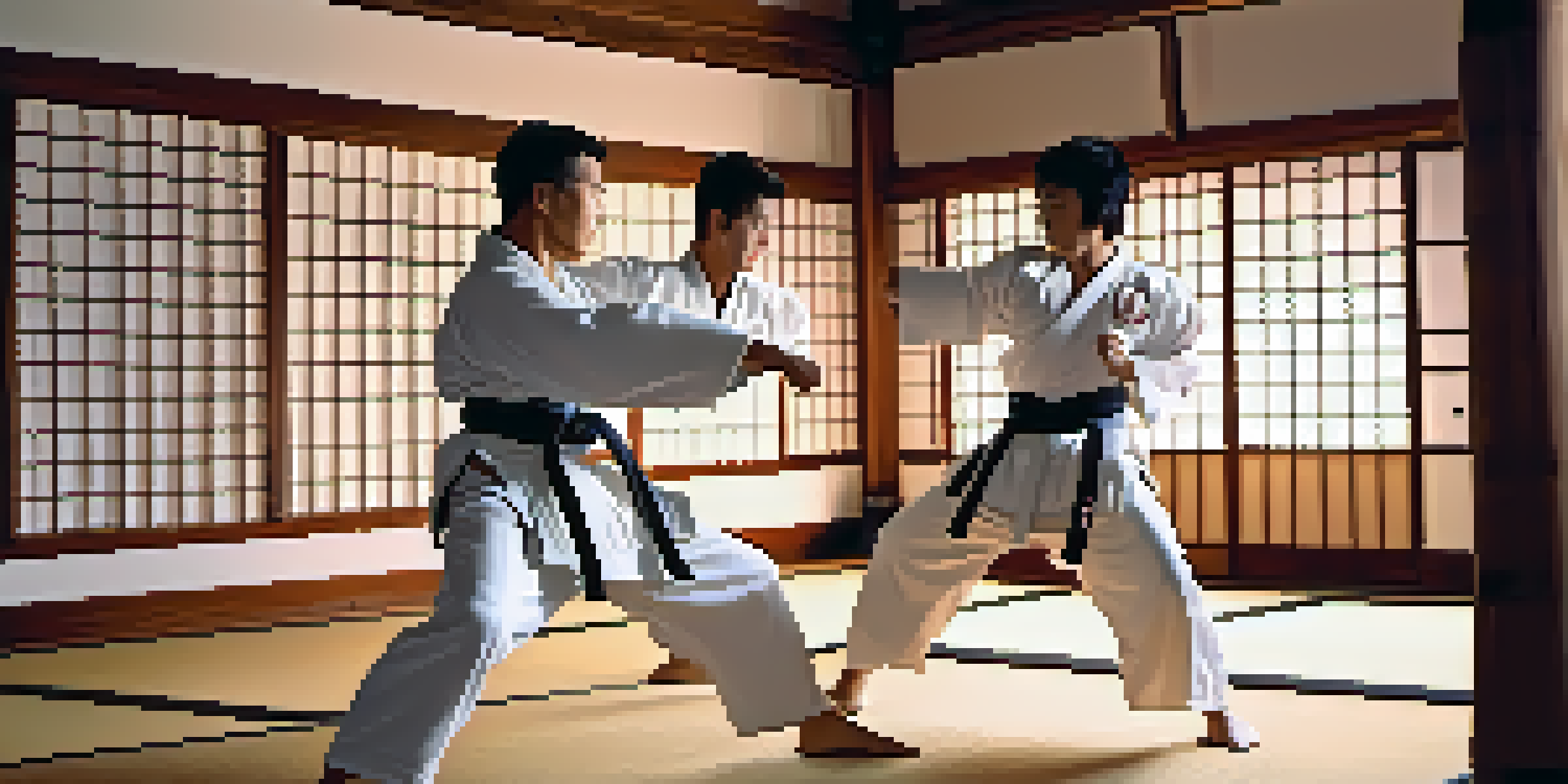 Two martial artists engaged in sparring, displaying concentration and athleticism in a traditional dojo setting.