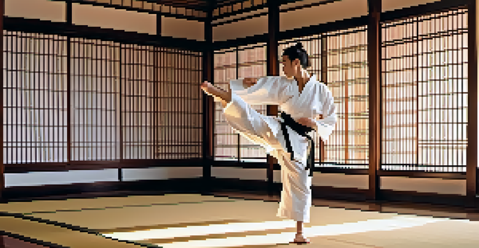 A martial artist in a white gi practicing a high kick in a sunlit dojo with wooden flooring and traditional decorations.