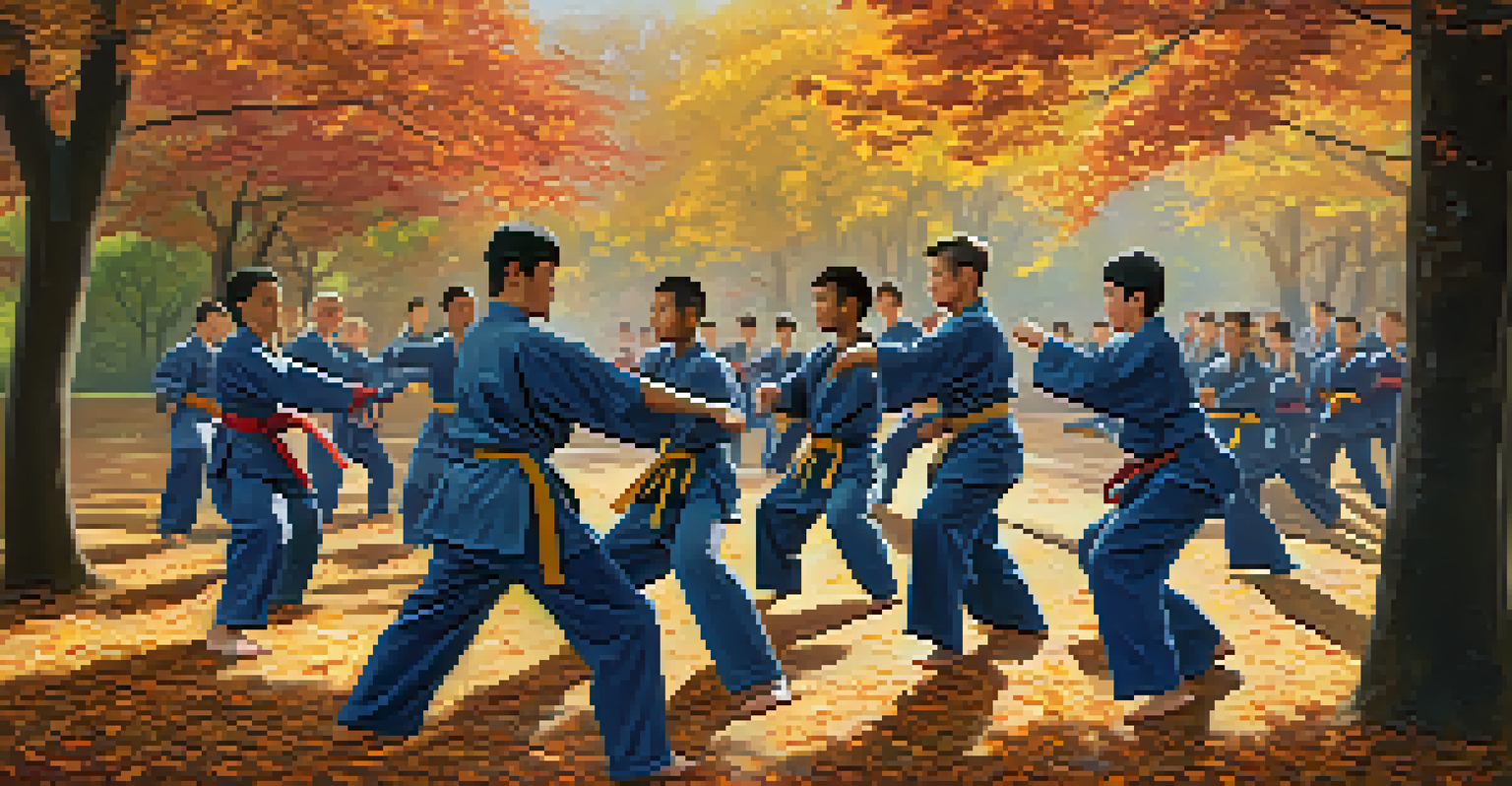A group of martial artists training together outdoors in a park surrounded by colorful autumn leaves, showing a sense of community and focus.