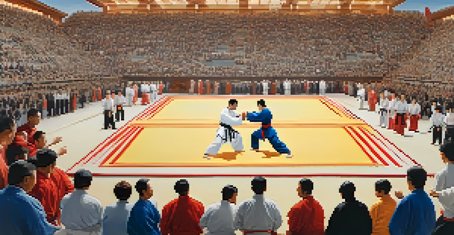 Two martial artists in a competition, with one helping the other up after the match, surrounded by cheering spectators.