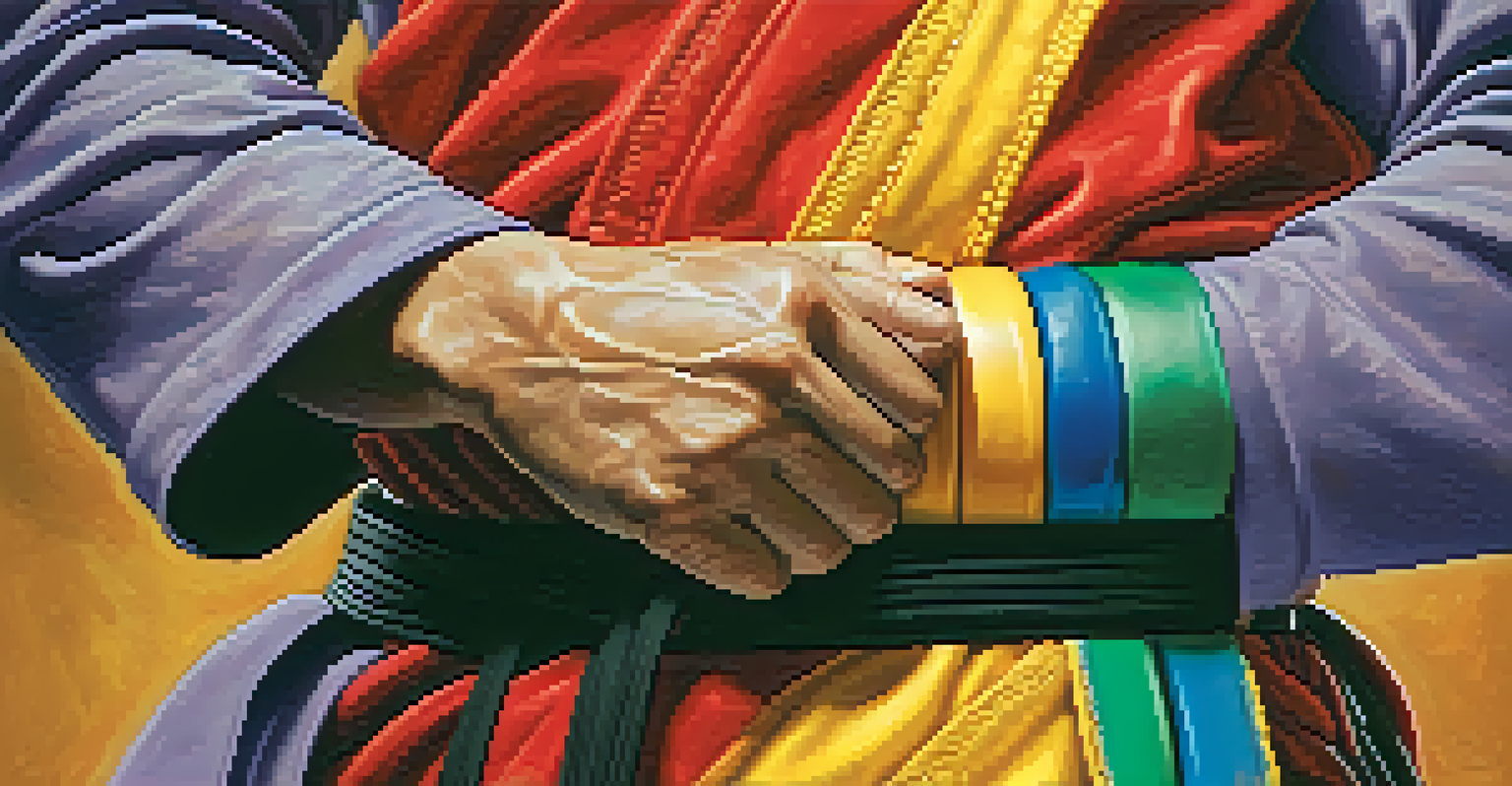 A close-up of a martial artist's hands holding a colorful belt, showing determination and pride.