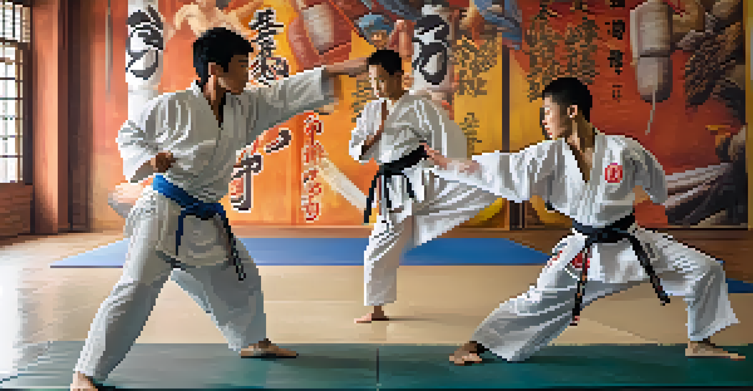 Two martial arts students sparring with focused expressions in a vibrant training area.