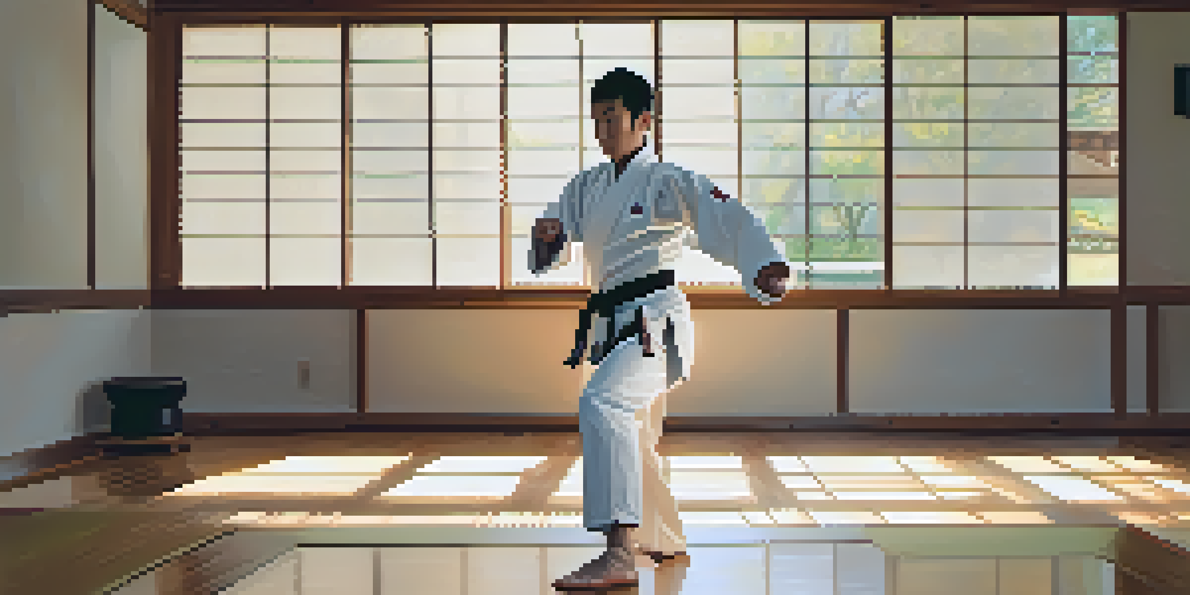 A martial artist in a white uniform practicing a kata in a well-lit dojo with wooden floors and large windows.
