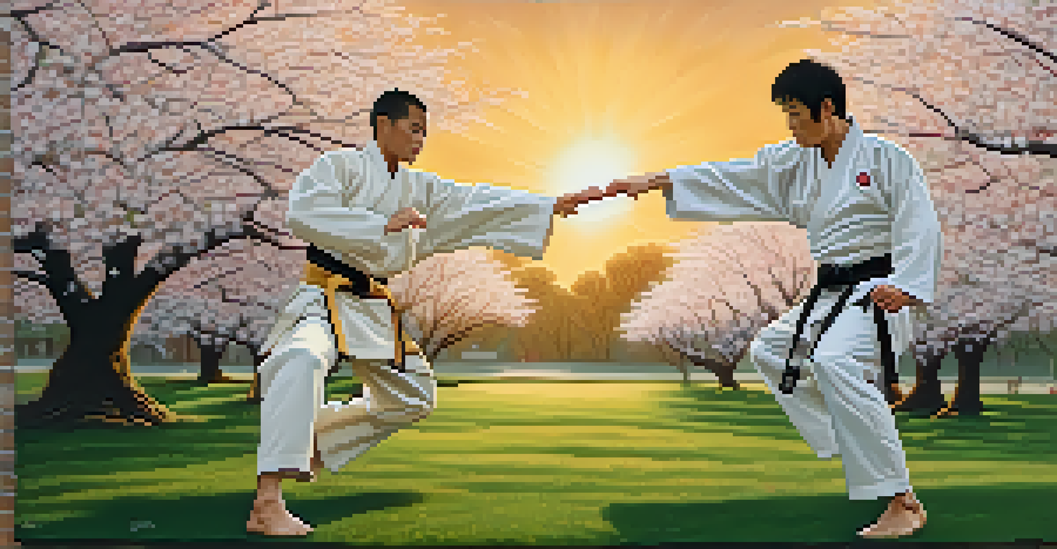 Two martial artists sparring in a peaceful park during sunset, surrounded by cherry blossom trees.