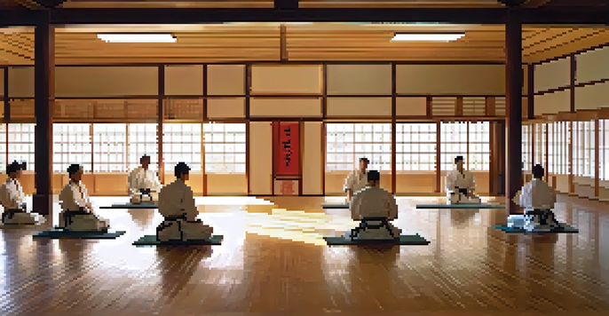 A martial artist meditating in a peaceful dojo with soft morning light filtering through the windows.