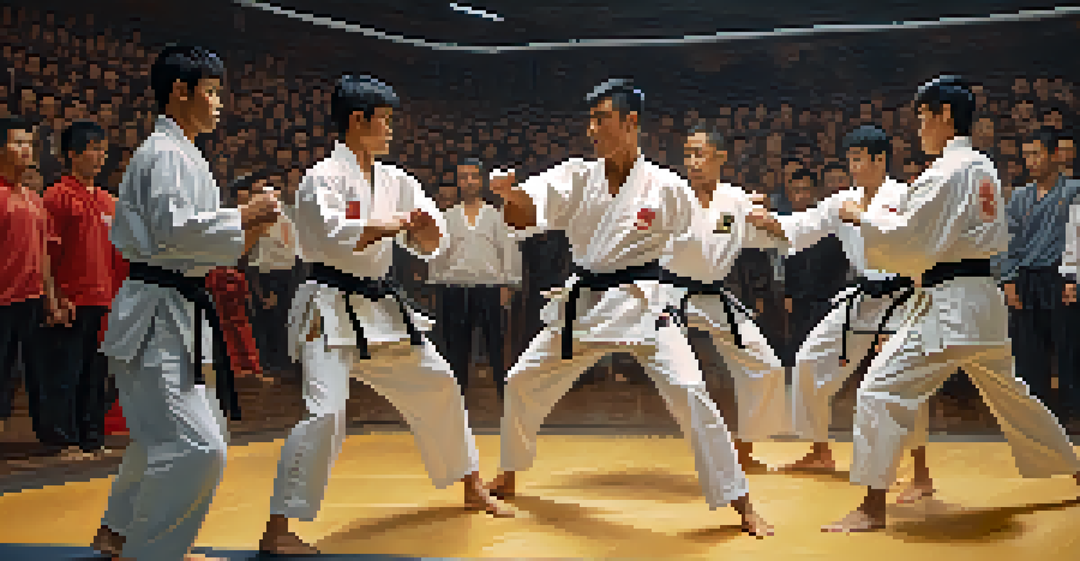 Two martial arts competitors sparring in a gym during a mock tournament, with teammates cheering in the background.