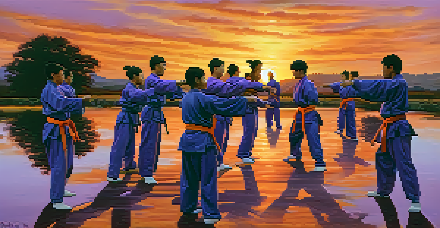 A group of martial artists training outdoors at sunset, showcasing teamwork and collaboration against a colorful sky.