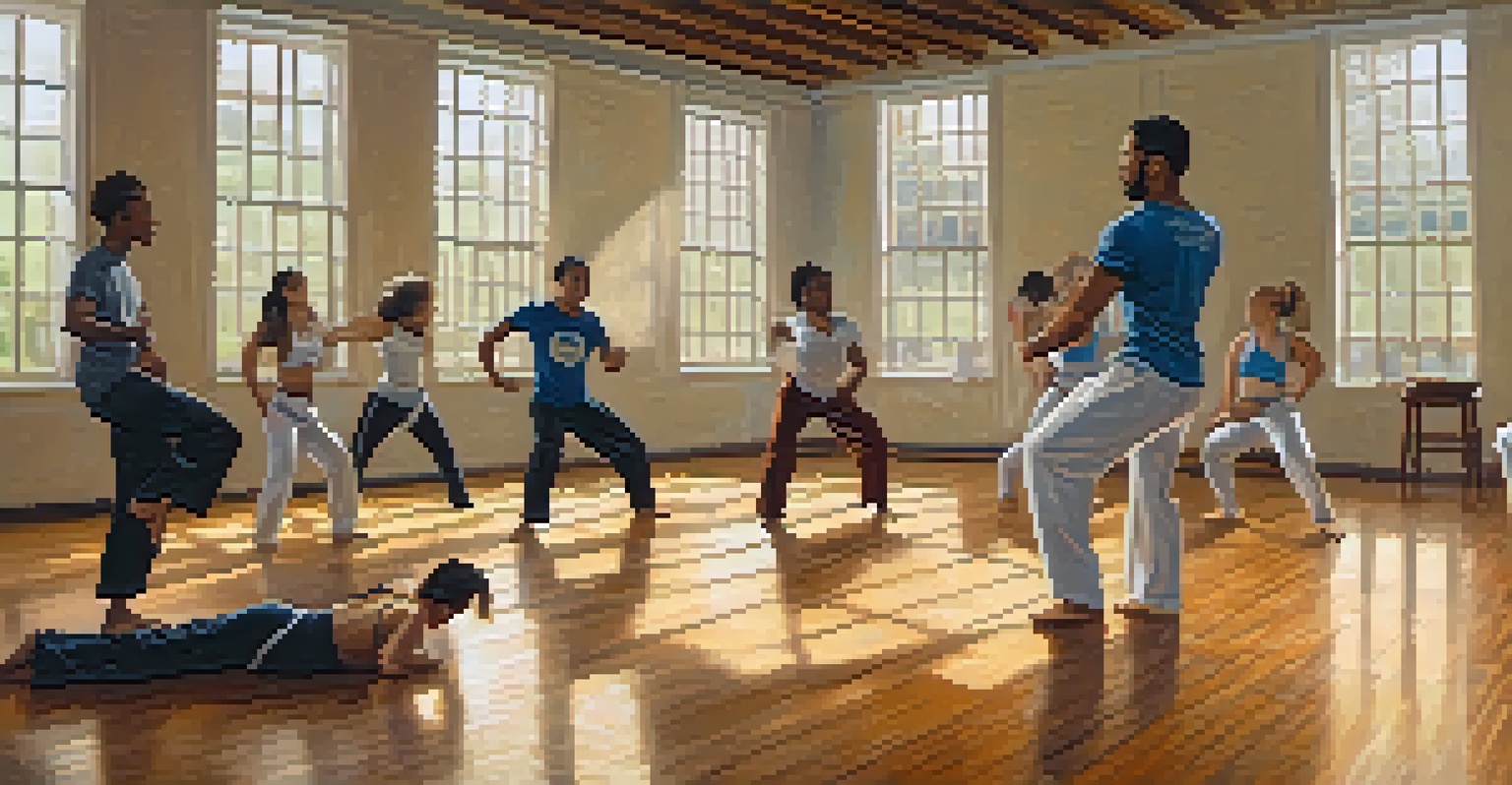 A Capoeira class with students observing an instructor demonstrating a cartwheel in a well-lit indoor space.