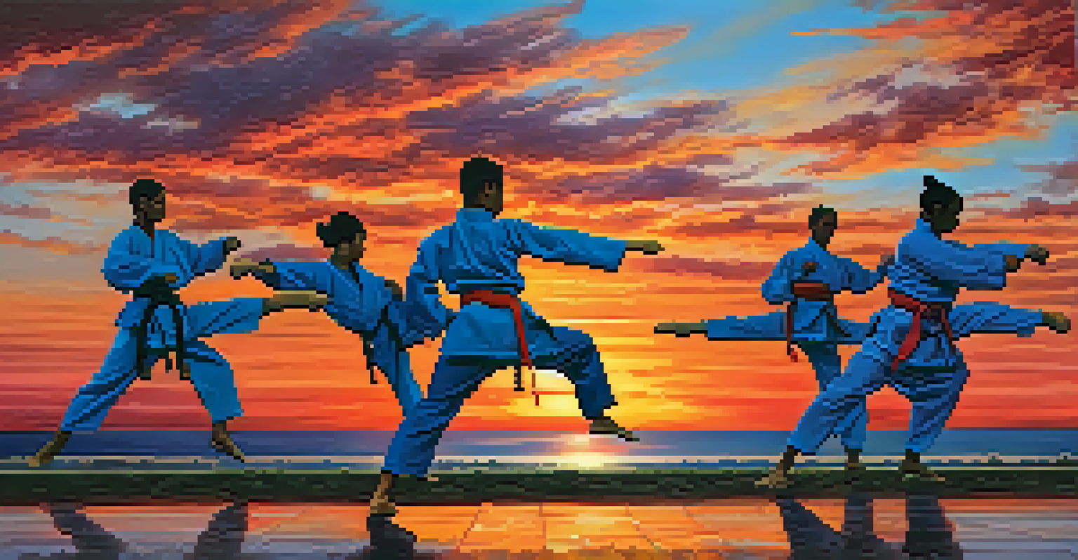 Group of martial artists training outdoors at sunset, with vibrant colors and synchronized movements.