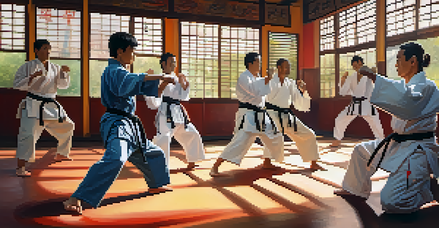 A diverse group of martial artists practicing techniques together in a dojo, with bright sunlight streaming in.
