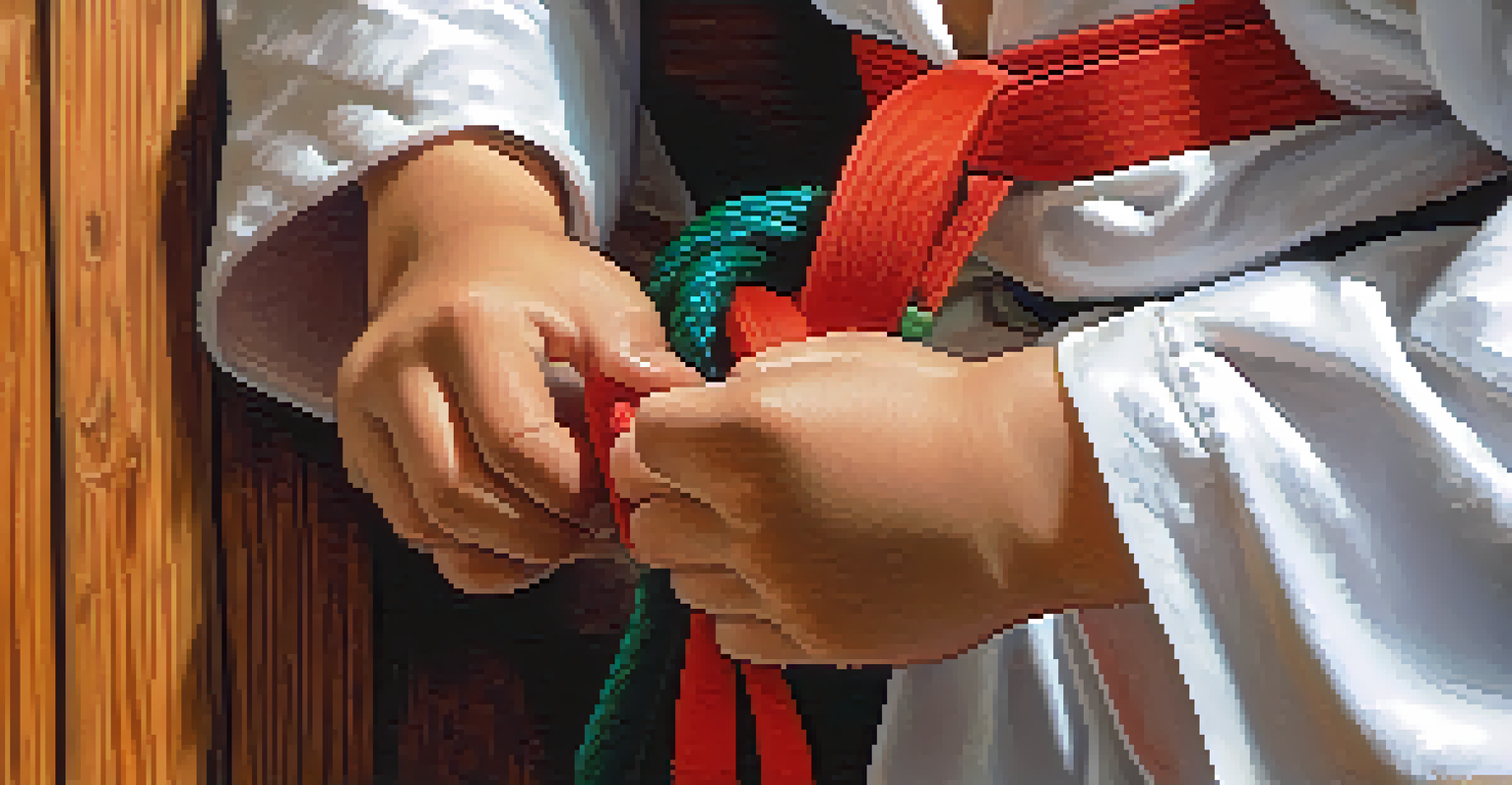 Close-up of a child's hands tying a colorful martial arts belt in a dojo.