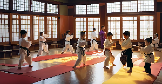A diverse group of martial arts practitioners training together in a bright dojo, showcasing camaraderie and teamwork.
